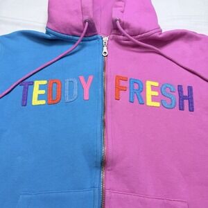 Teddy Fresh Men S Split Zip Hoodie Pink Blue Colorblock Logo Cotton Multicolor